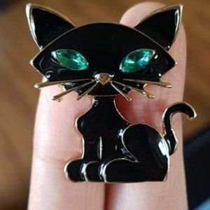 Rhinestone Green Eyed Black Kitty Cat Brooch